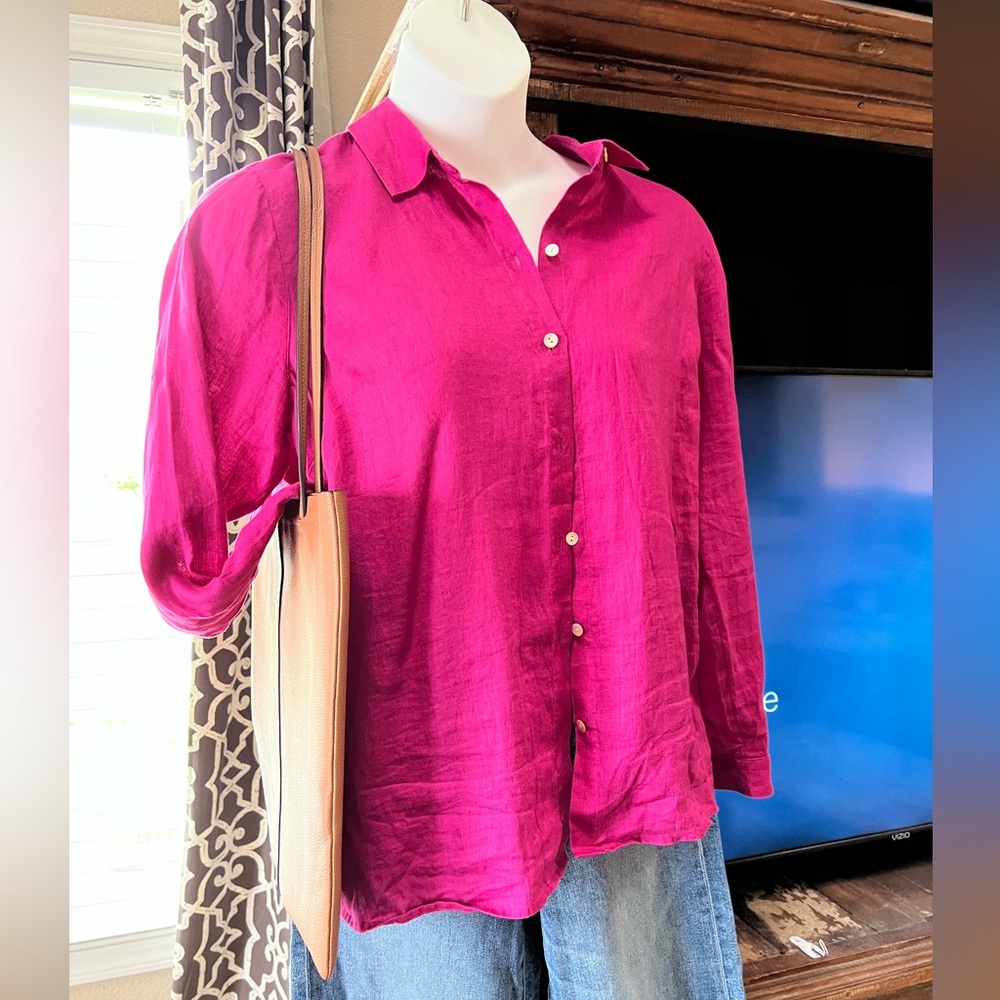 J. Jill 100% Linen Top Size Large Hot Pink Button Down EUC Spring Summer